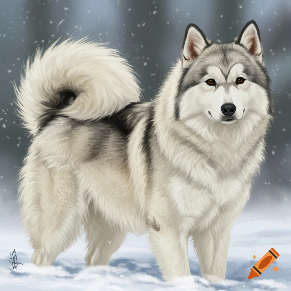 A grey and white dog with fluffy fur stands in the snow during a snowfall.