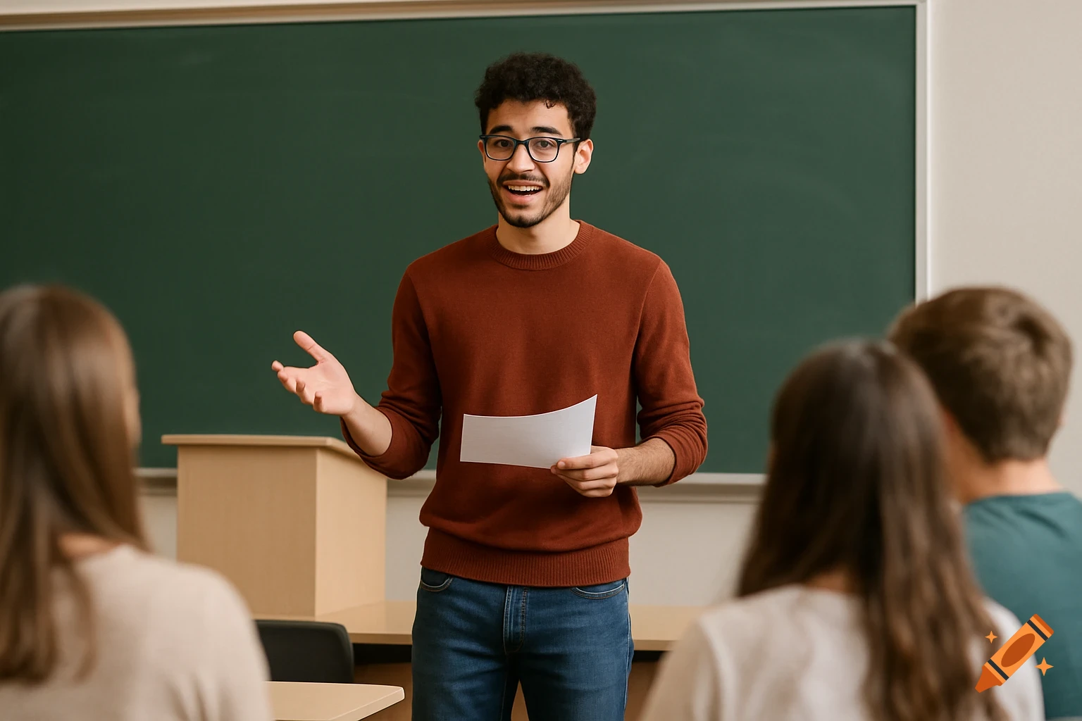 Young man giving a presentation in a classroom to students