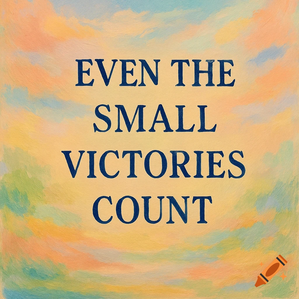 Text reads "Even the small victories count" over a pastel painted sky background.