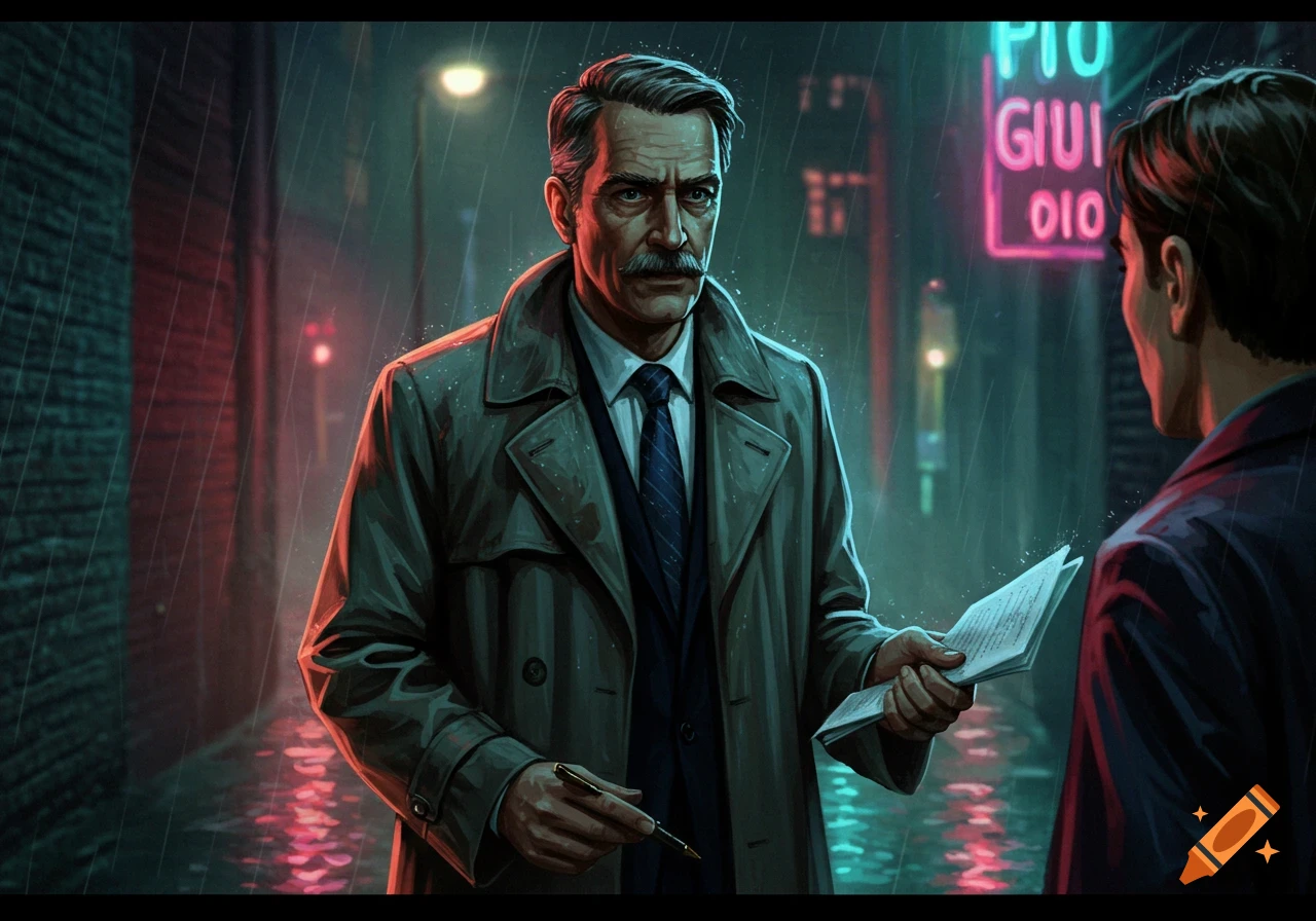 Illustration of a detective in a trench coat on a rainy street at night, holding a document and pen.