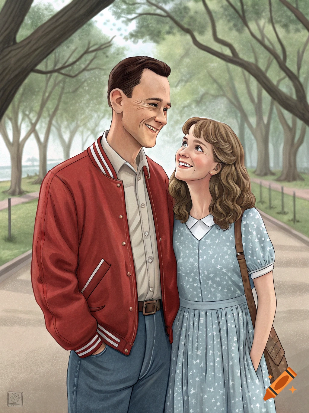 Illustration of Forrest Gump and Jenny walking in a park.