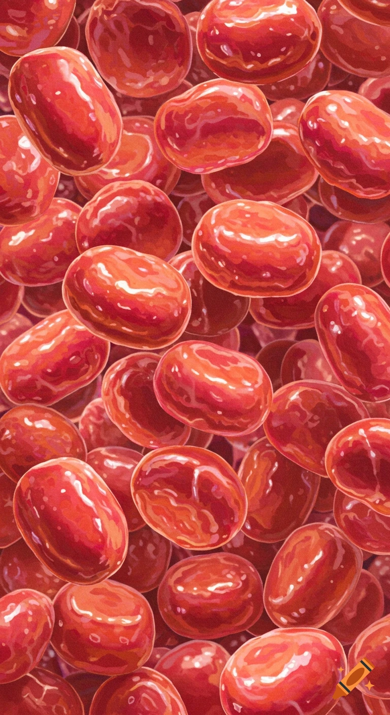 Close-up repeating pattern of glossy red bean or cell shapes.
