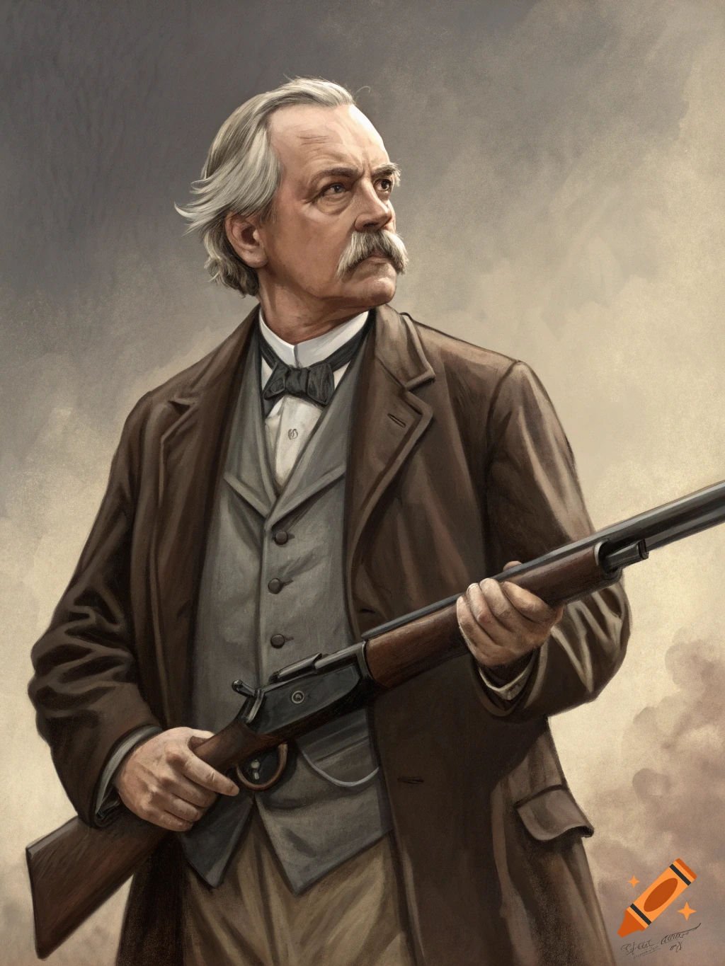 Painting of a man with a mustache and suit holding a rifle