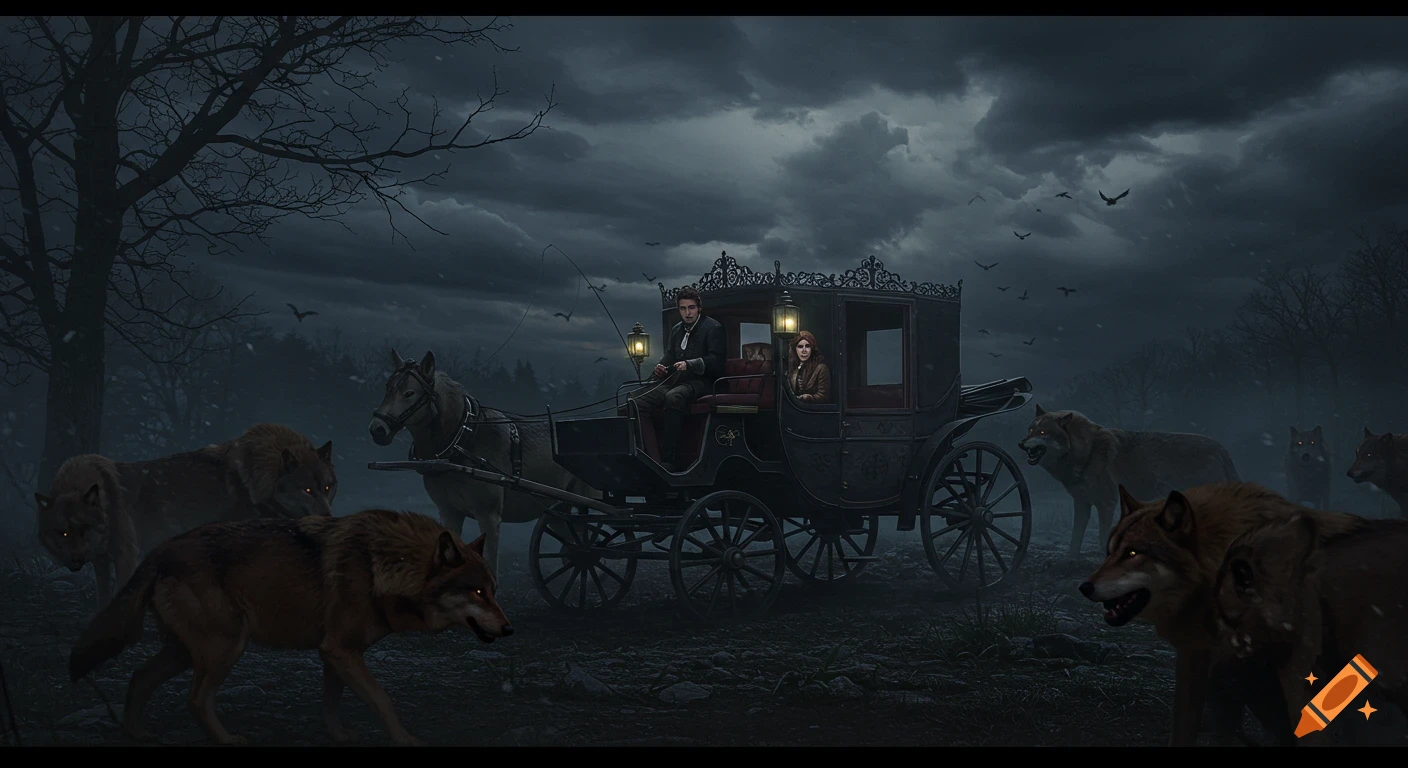 A horse-drawn carriage with two people is surrounded by wolves on a dark, snowy night.