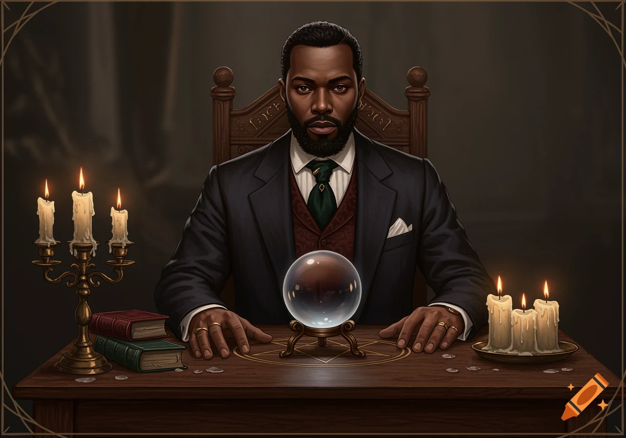 A formally dressed man sits at a table with a crystal ball, books, and candles, in a dark, stylized setting.