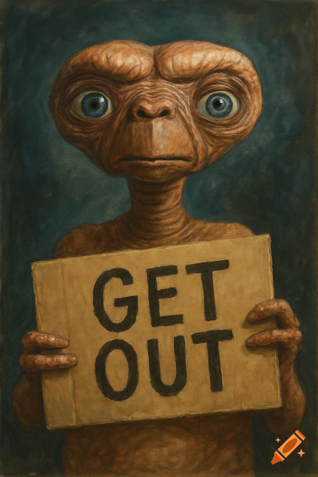 E.T. holding a sign that says GET OUT, painting style