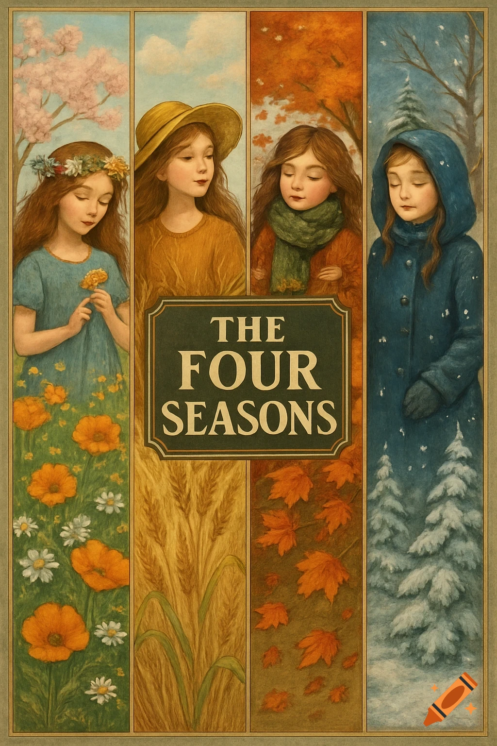 Illustrated book cover showing four vertical panels, each with a girl