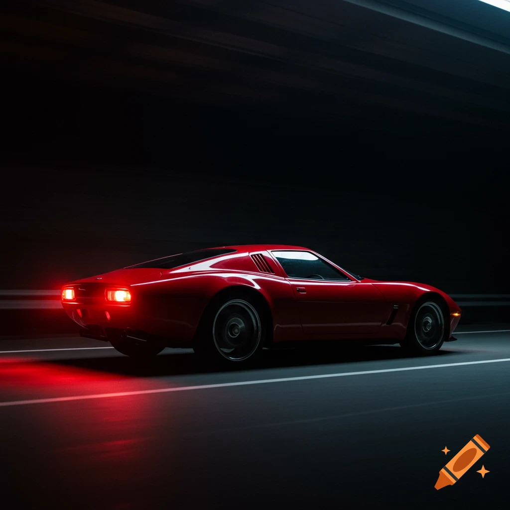 A red sports car with bright taillights drives through a dark tunnel with motion blur.