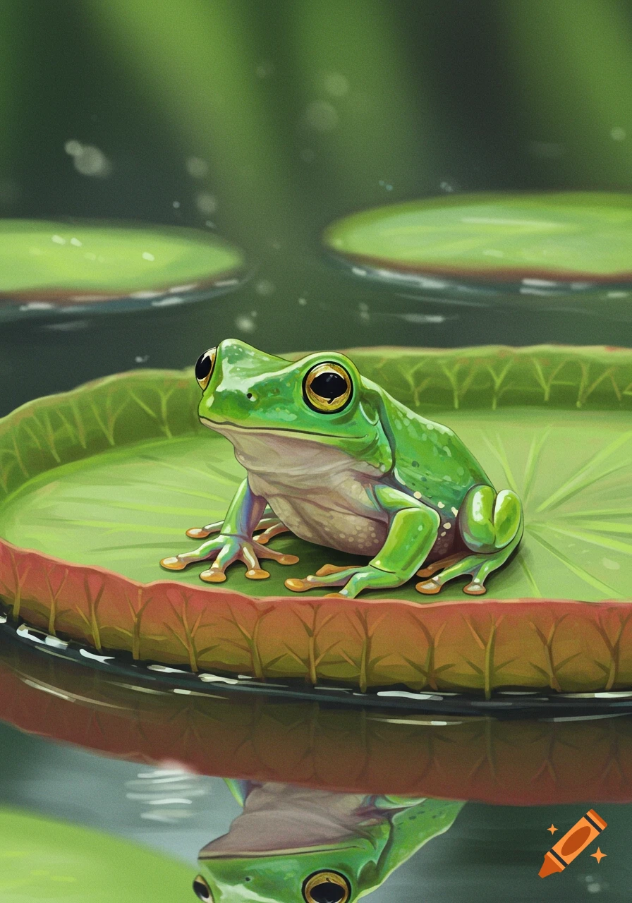 A green frog sits on a large lily pad in a pond with a reflection. Digital painting.