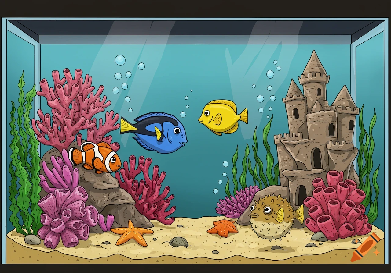 A cartoon aquarium with clownfish, blue tang, pufferfish, and yellow fish swimming among coral and a sandcastle.