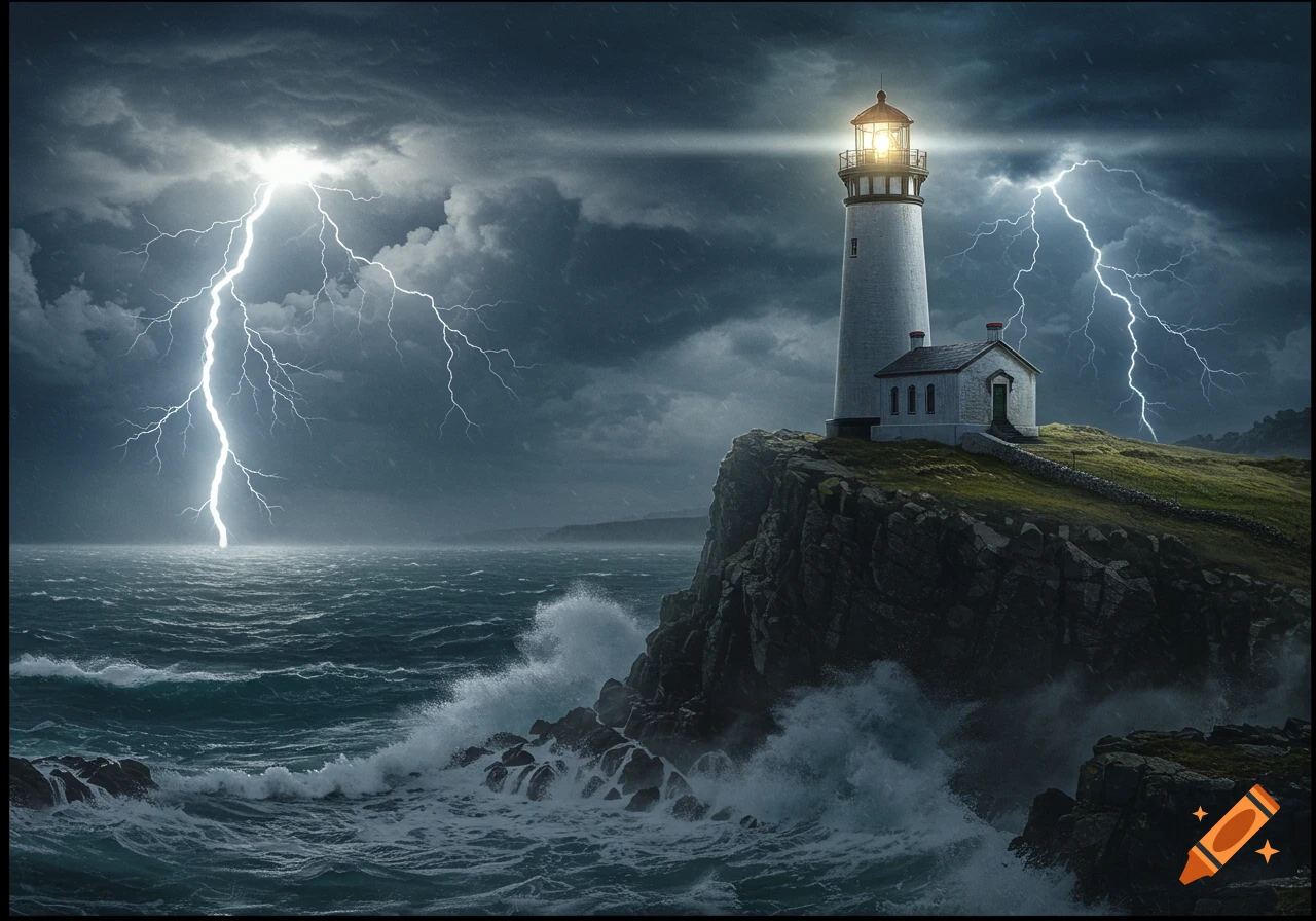 Lighthouse on a rocky cliff during a thunderstorm with crashing waves and lightning.