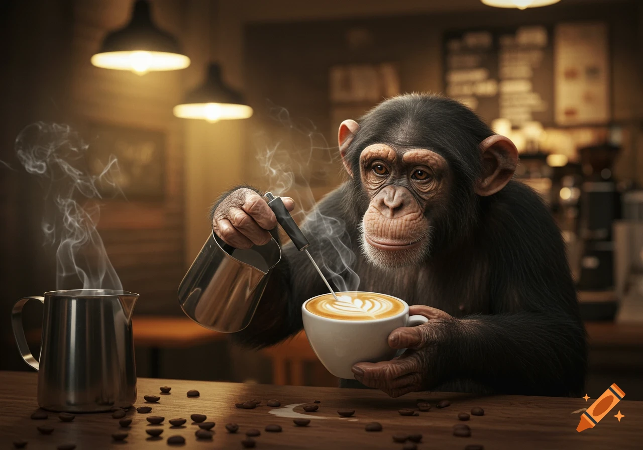 A photorealistic image of a chimpanzee carefully pouring milk to create latte art in a cup of coffee at a wooden counter, with coffee beans scattered around.