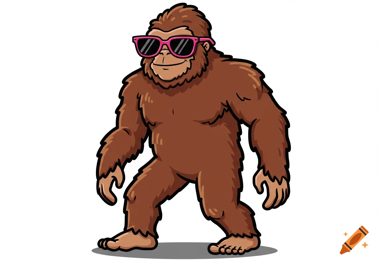 Cartoon illustration of Bigfoot wearing pink sunglasses