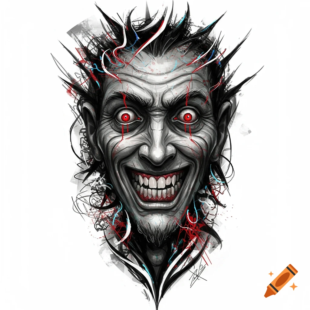 Stylized grotesque face with red eyes and wide grin, black and white, tattoo art style