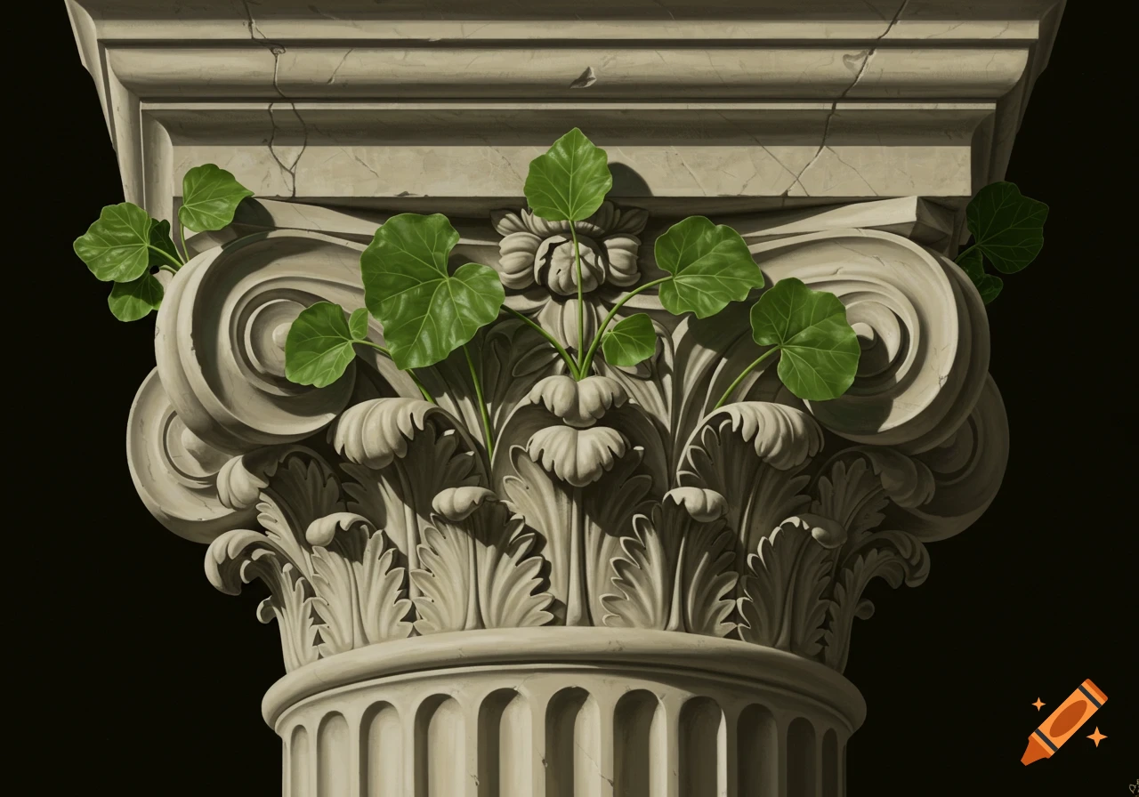Close-up of a classical Corinthian column capital with green leaves instead of acanthus leaves.