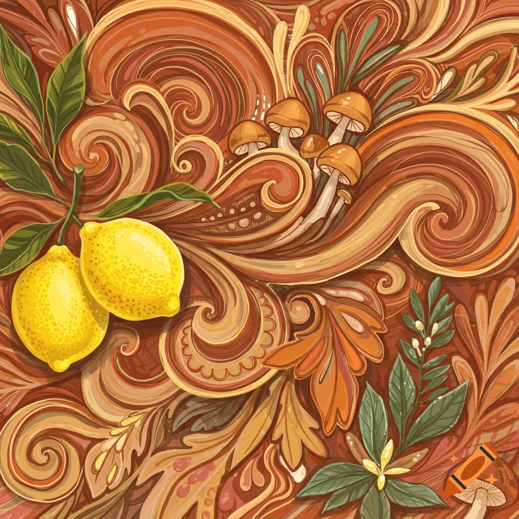 Boho style pattern with lemons, mushrooms, and swirling organic shapes in warm tones.