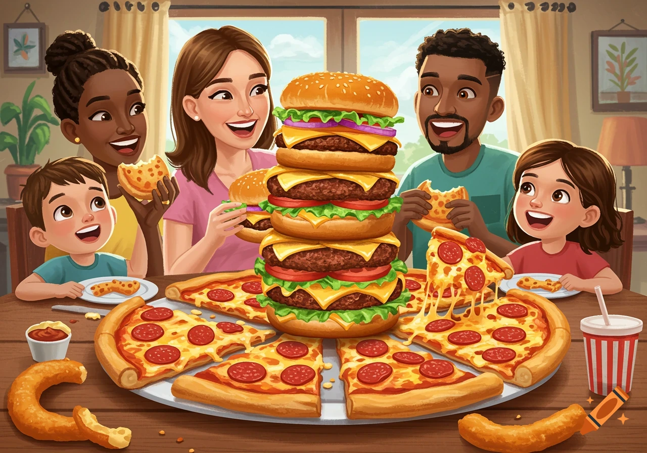 A cartoon family happily eats a large stack of burgers and slices of pizza.