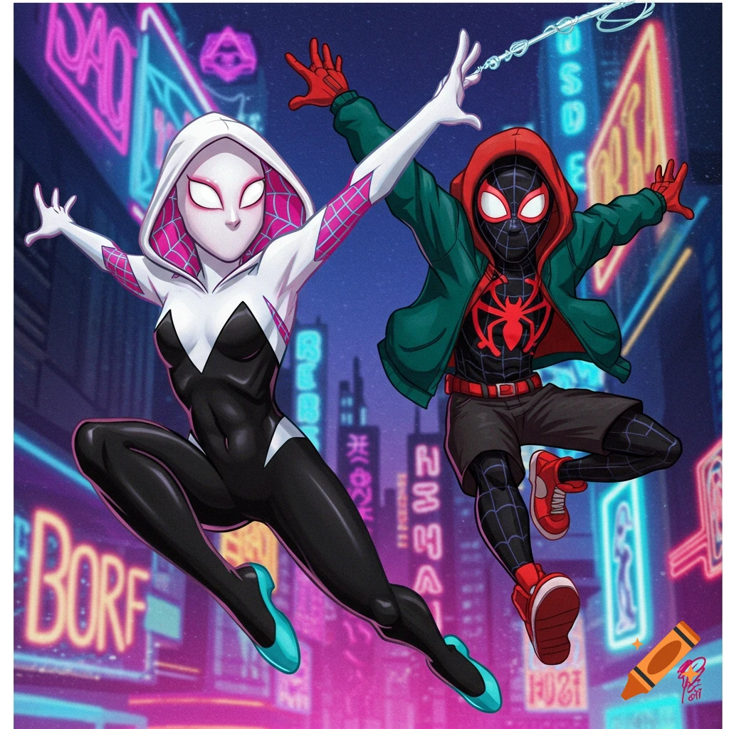 Illustration of Spider-Gwen and Miles Morales jumping in a city with neon lights.