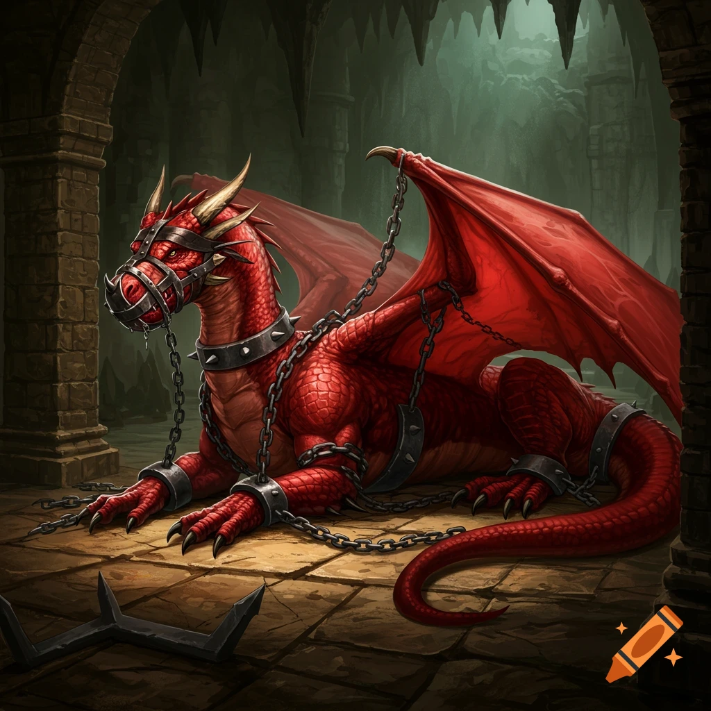 A red dragon lies chained and muzzled in a dark dungeon, rendered in a detailed fantasy illustration style.