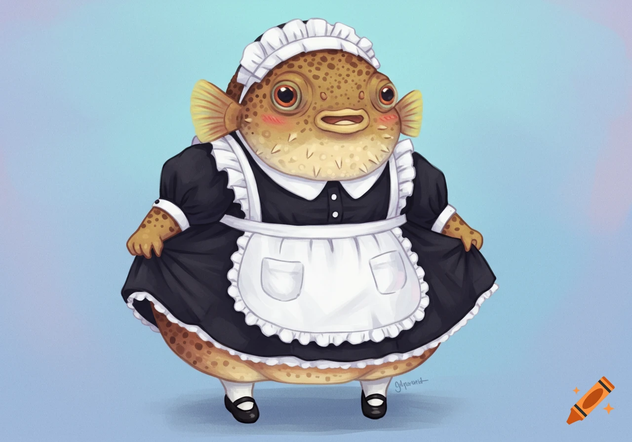 Cartoon pufferfish wearing a French maid outfit.