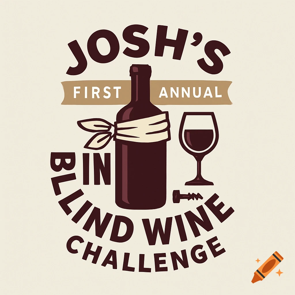 Logo for Josh's First Annual Blind Wine Challenge with blindfolded wine bottle, glass, and text.