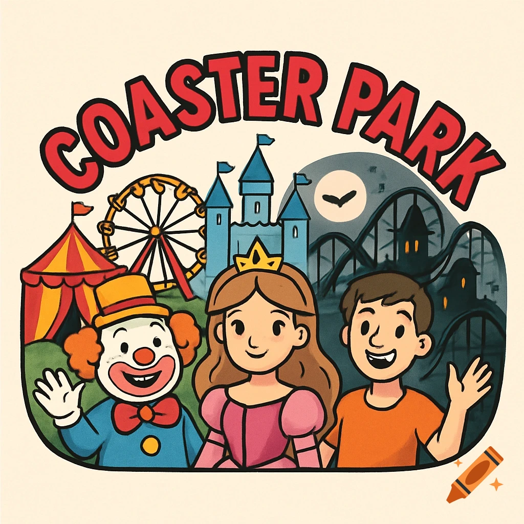 Cartoon logo of a clown, princess, and boy at a theme park with Ferris wheel, castle, and rollercoaster, text reads "COASTER PARK".