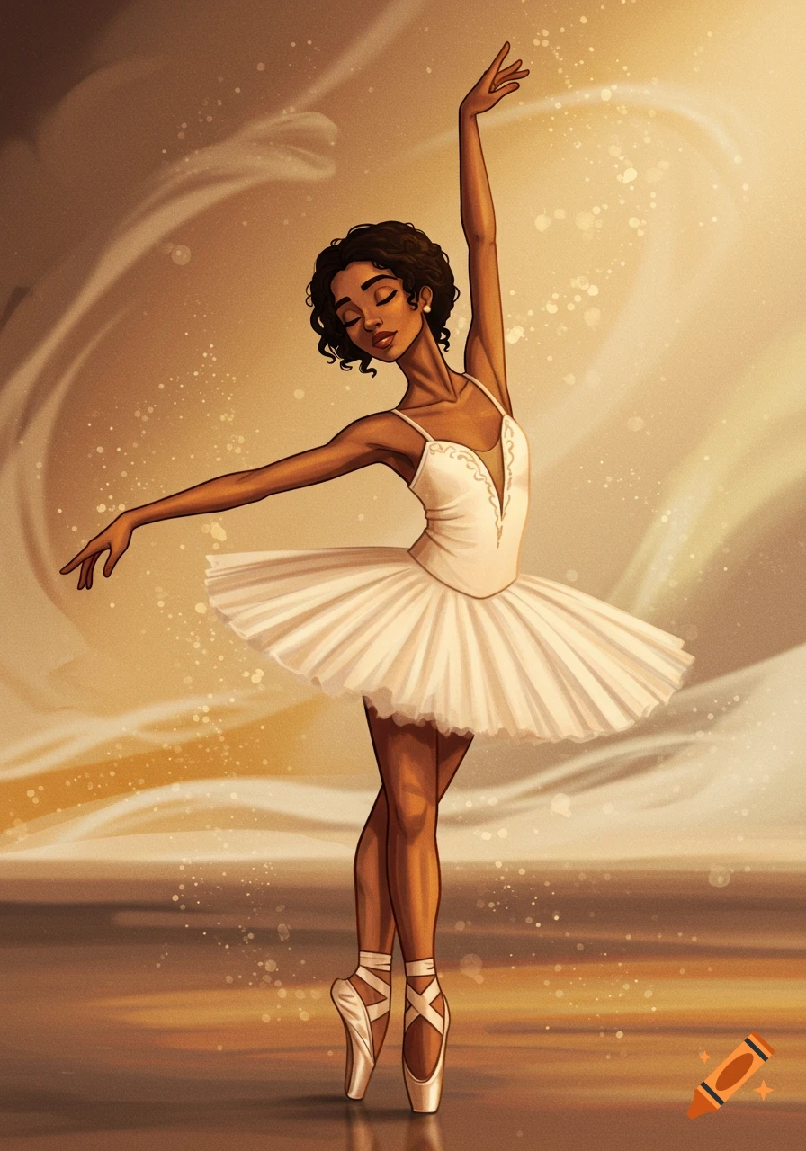 Illustration of a ballerina in a white tutu dancing en pointe in warm light.