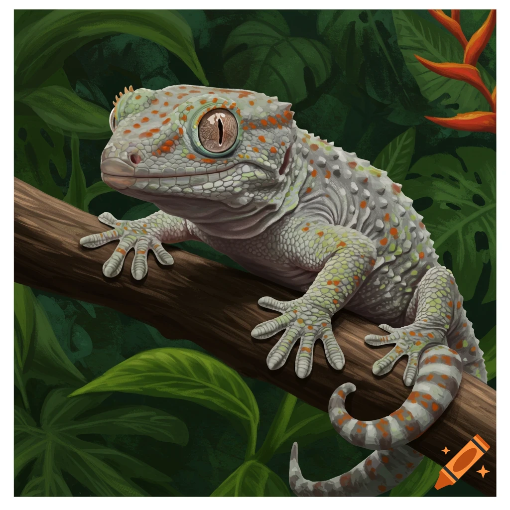 Illustration of a spotted gecko on a branch in a tropical forest.