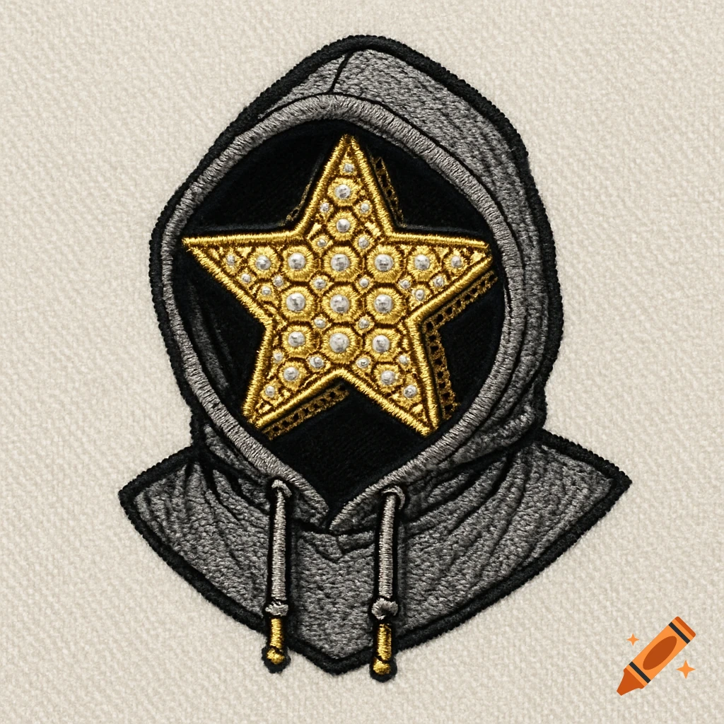 Embroidered patch of a gold star inside a grey hoodie hood.