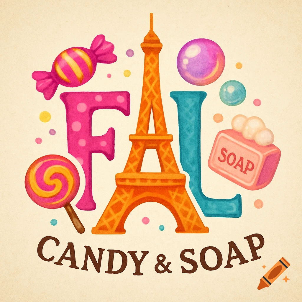 Logo illustration with an Eiffel Tower, candy, and soap around stylized letters F, A, L. Text reads 'CANDY & SOAP'.