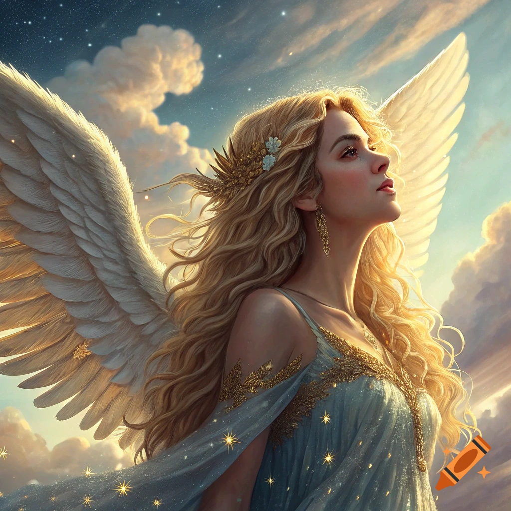 Blonde woman with large white wings looking up at a starry sky, wearing ...