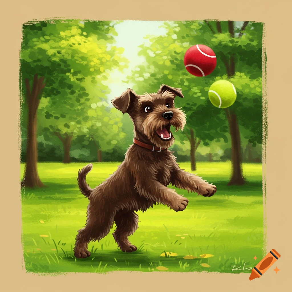 A brown miniature schnauzer dog jumps to catch two balls in a sunny park in an illustration style.