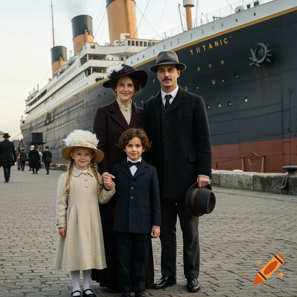 A family in historical clothing poses on a dock in front of the ship Titanic.