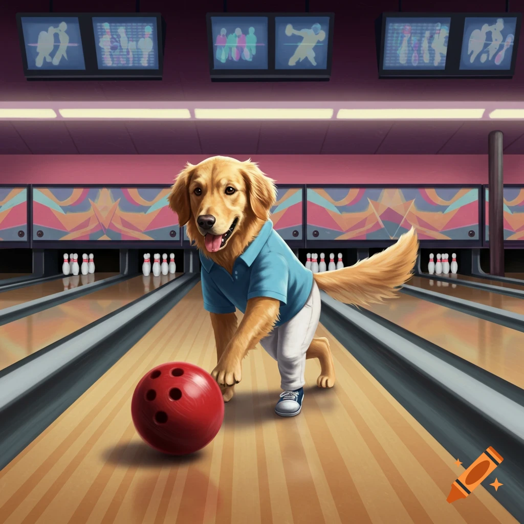 A golden retriever wearing a blue shirt and white pants bowling in an alley.