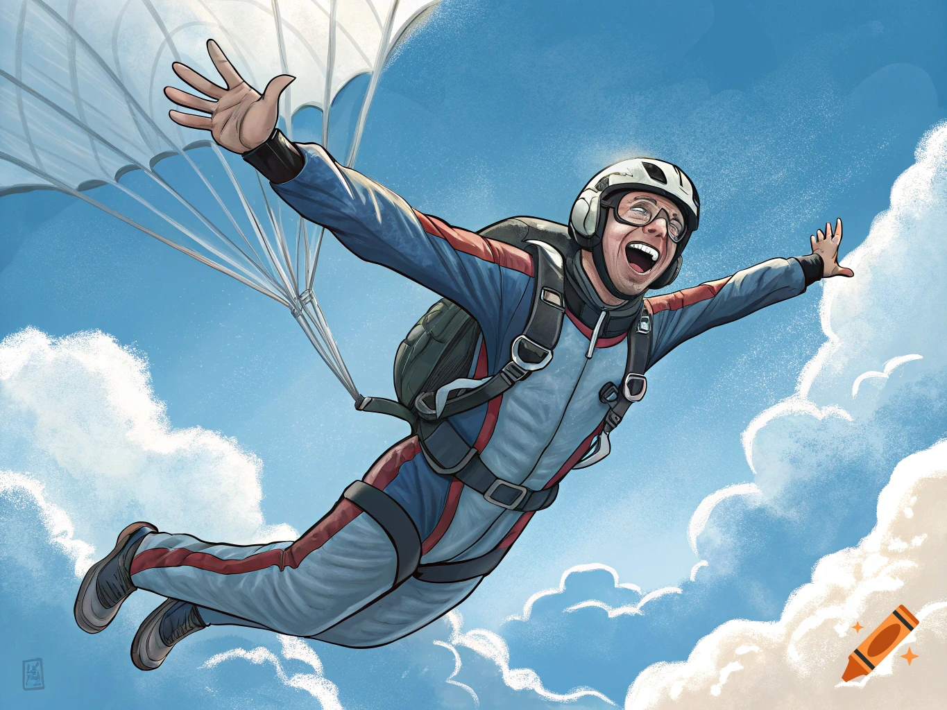 Illustration of a man skydiving with a parachute against a blue sky and clouds.