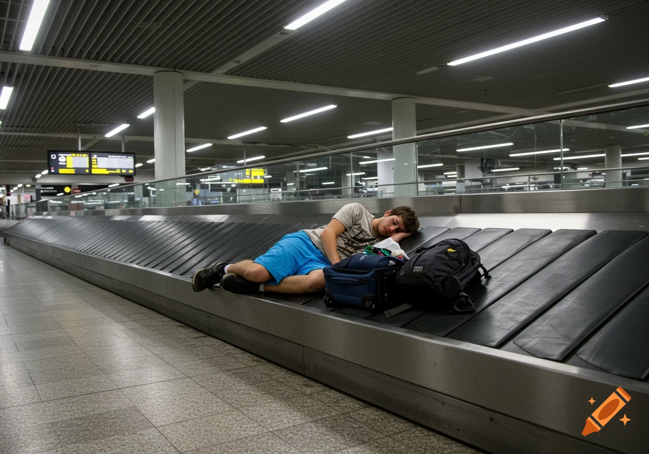 A man sleeps on a baggage carousel at an airport next to his luggage.