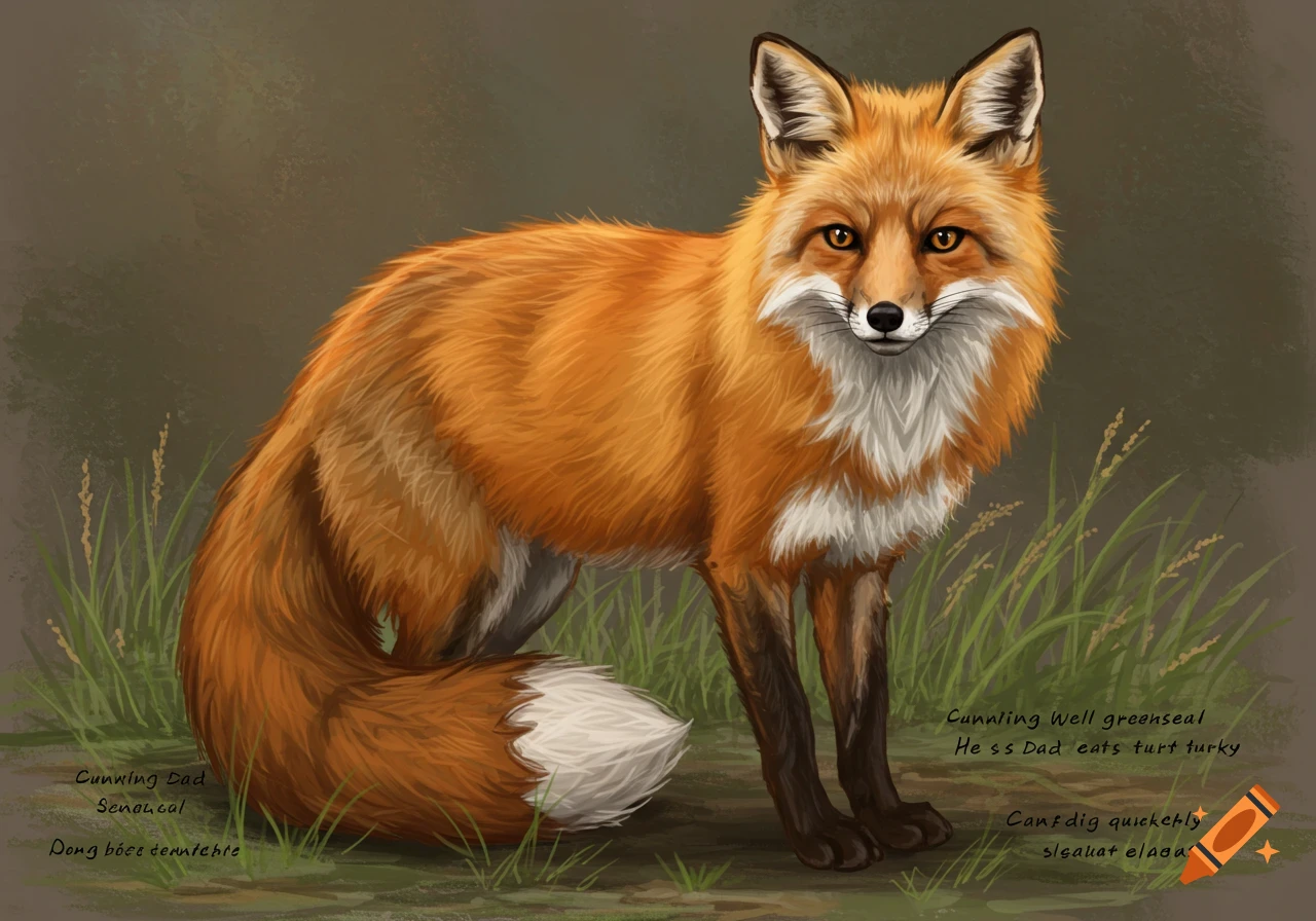 A painted illustration of a red fox standing in grass, looking forward.
