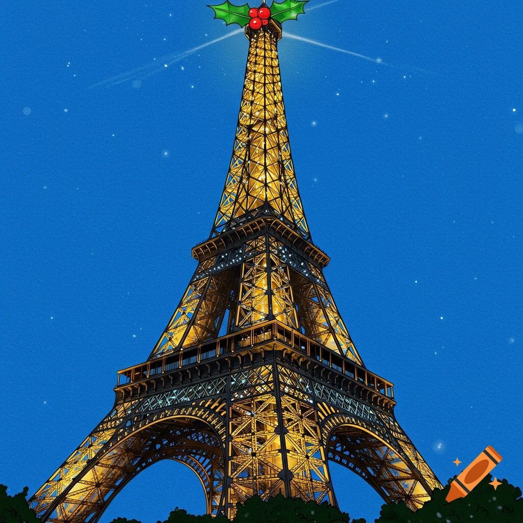 Eiffel Tower lit up at night with holly decoration on top under a starry sky.