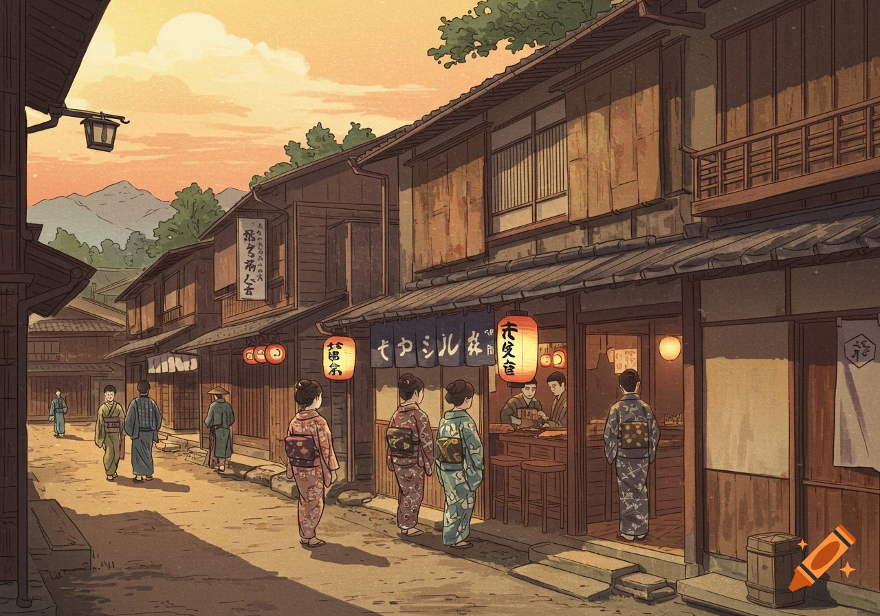 Illustration of a historical Japanese town street with wooden buildings, people in traditional clothing, lanterns, and mountains.