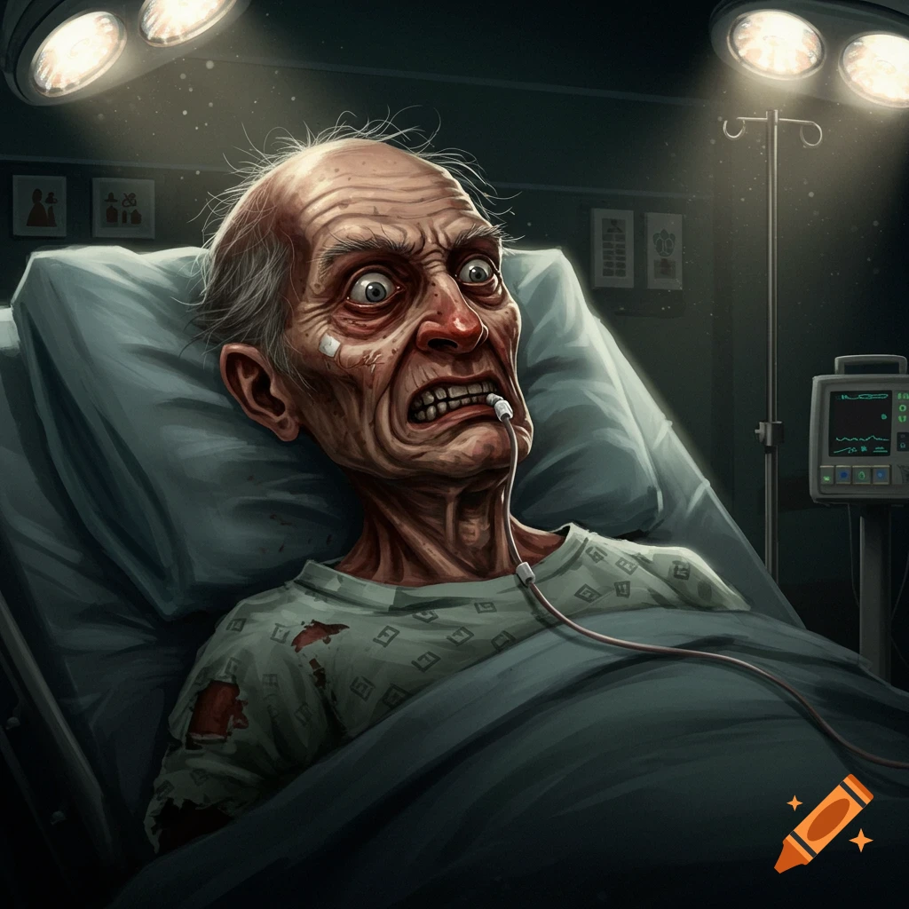 Stylized illustration of a distressed old man in a hospital bed with a tube, under bright medical lights.