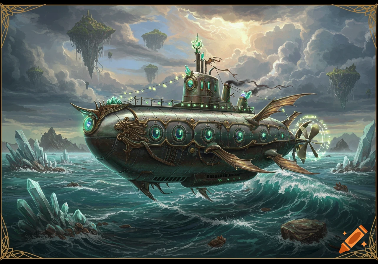 An ornate steampunk fantasy submarine floats on a surreal ocean with crystal formations and floating islands in the sky.