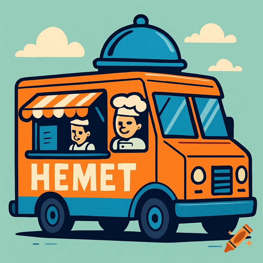 Cartoon orange and blue food truck with two figures inside and 'HEMET' on the side