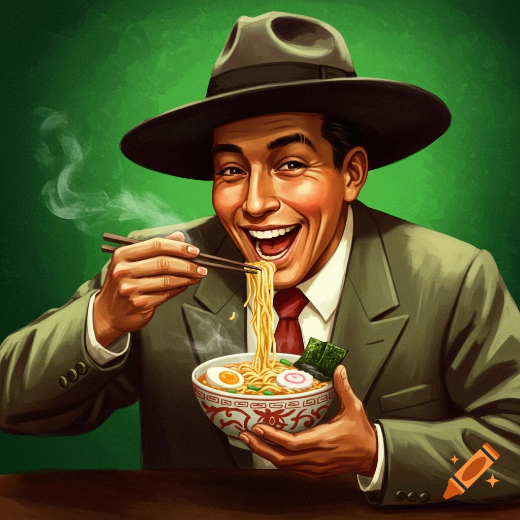 Vintage illustration of a man in a hat and suit eating a bowl of ramen with chopsticks.