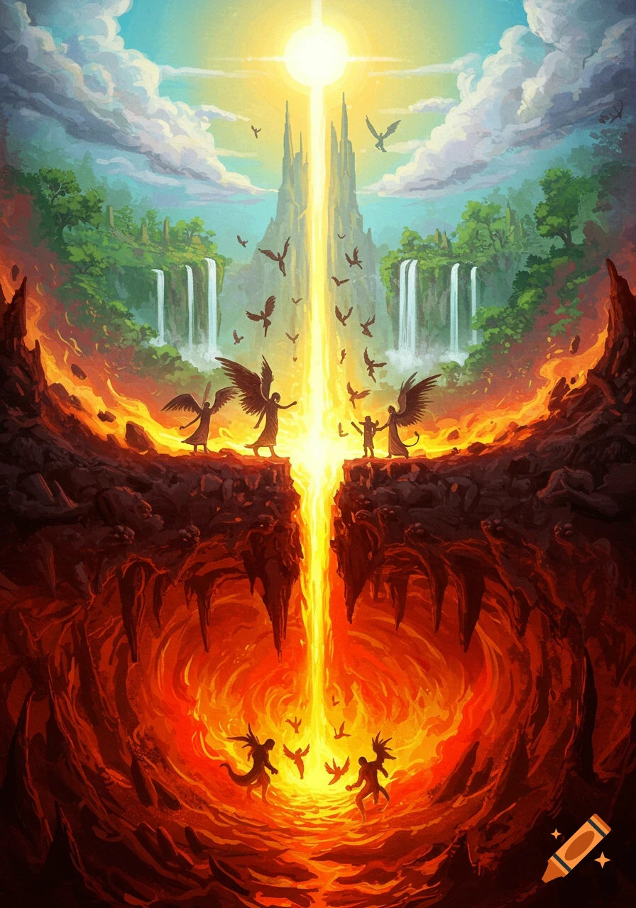 Fantasy painting of angels on cliffs above hellfire facing demons below ...