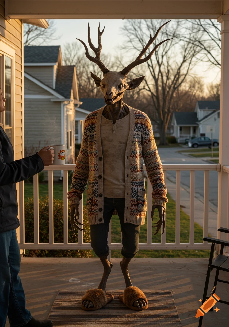 A wendigo creature in a cardigan and slippers stands on a suburban porch accepting a mug from a person. Photorealistic style.