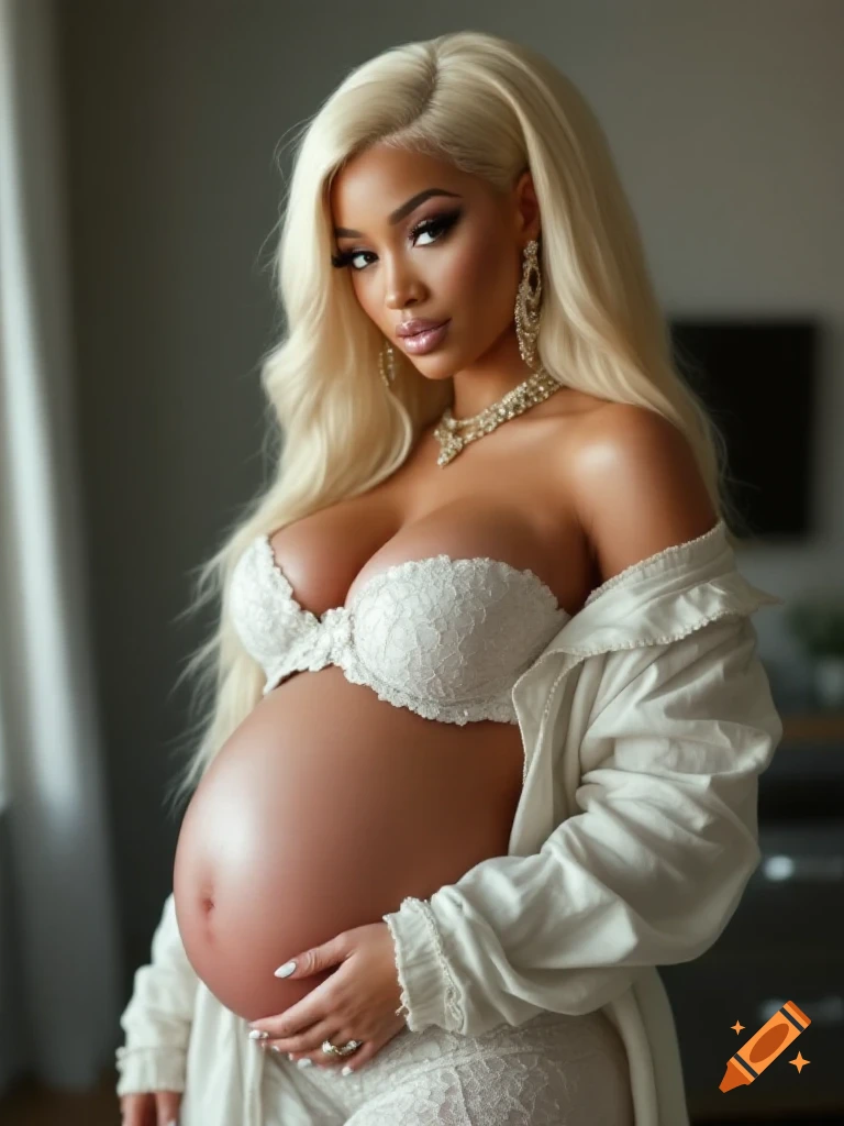 A photorealistic portrait of a pregnant woman in white lingerie and robe.
