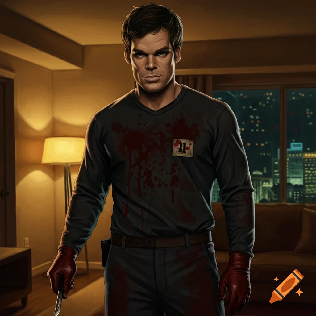 Illustration of a man resembling Dexter Morgan with blood-splattered shirt and red gloves holding a knife in an apartment at night.