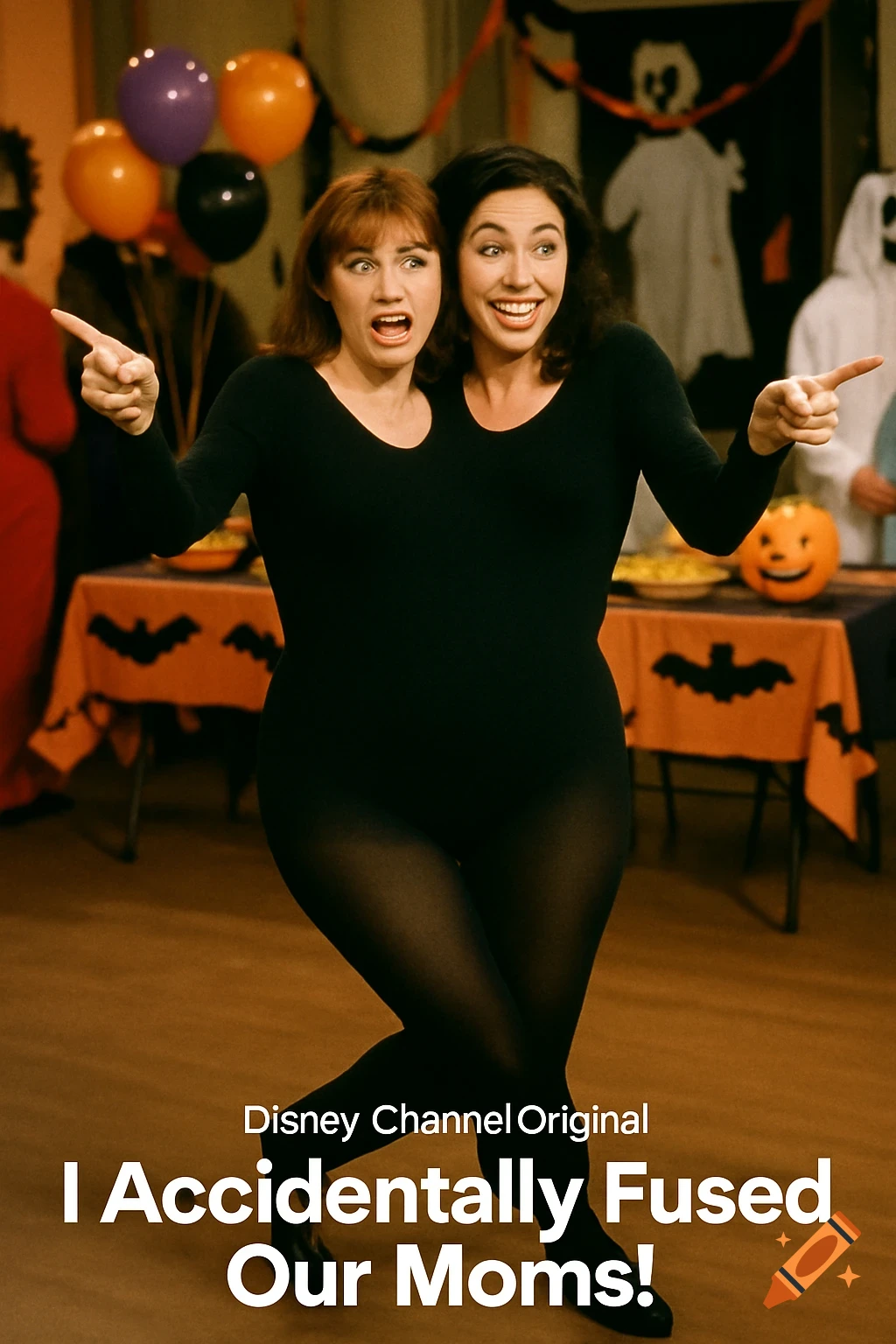 Two women fused into one body in black leotards at Halloween party. Text: 'I Accidentally Fused Our Moms!'