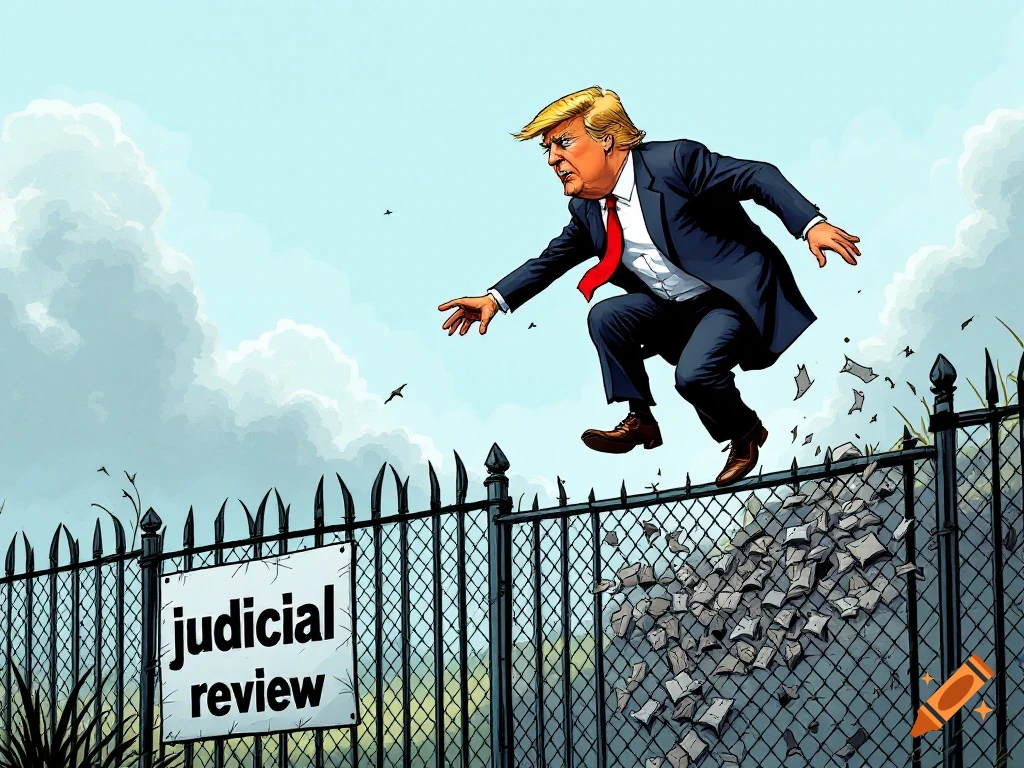 Political cartoon of Donald Trump jumping over a fence labeled judicial review.