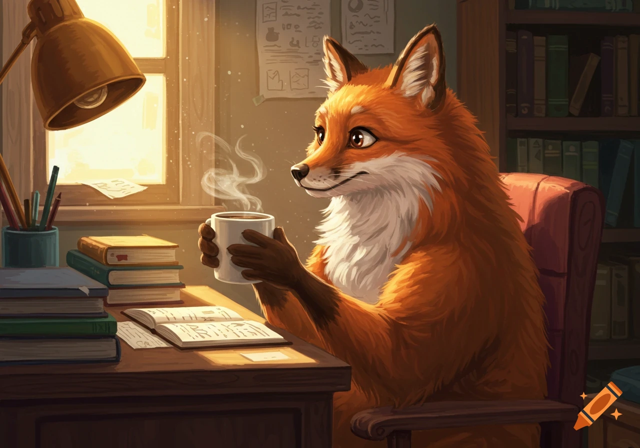 An illustration of an anthropomorphic fox drinking coffee at a desk with books in warm light.